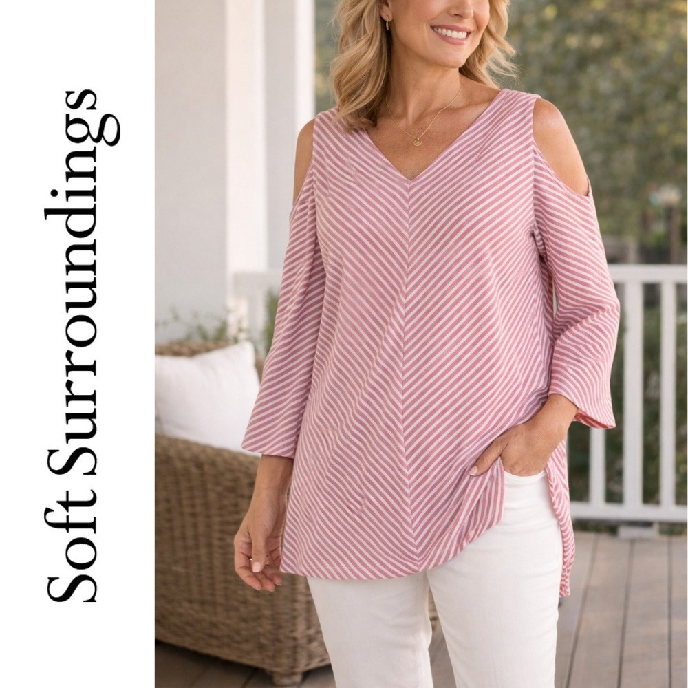 Soft Surroundings, Striped Linen Blend Cold Shoulder 3/4 Sleeve Top Size Large